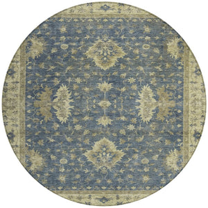 HomeRoots 8' Blue and Green Round Floral Area Rug - Machine Washable, Durable for Indoor & Outdoor Spaces 619405