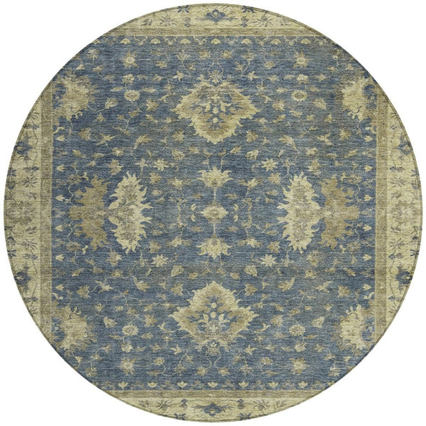 HomeRoots 8' Blue and Green Round Floral Area Rug - Machine Washable, Durable for Indoor & Outdoor Spaces 619405