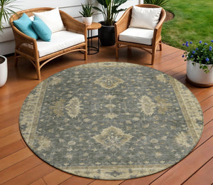 HomeRoots 8' Round Floral Area Rug - Stylish Gray & Beige Washable Design for Indoor & Outdoor Use, Non-Slip 619411
