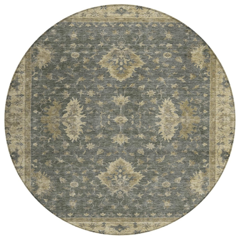 HomeRoots 8' Round Floral Area Rug - Stylish Gray & Beige Washable Design for Indoor & Outdoor Use, Non-Slip 619411