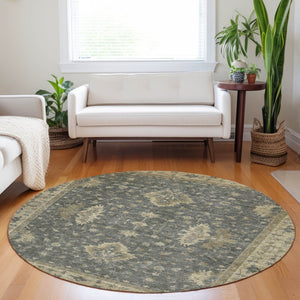 HomeRoots 8' Round Floral Area Rug - Stylish Gray & Beige Washable Design for Indoor & Outdoor Use, Non-Slip 619411