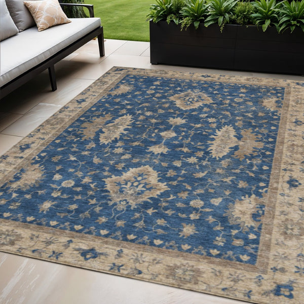 HomeRoots 5' Navy Blue and Beige Floral Area Rug – Washable, Durable Indoor/Outdoor Charm for Any Space 619416