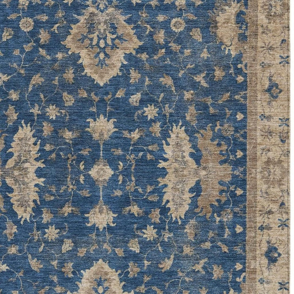 HomeRoots 5' Navy Blue and Beige Floral Area Rug – Washable, Durable Indoor/Outdoor Charm for Any Space 619416