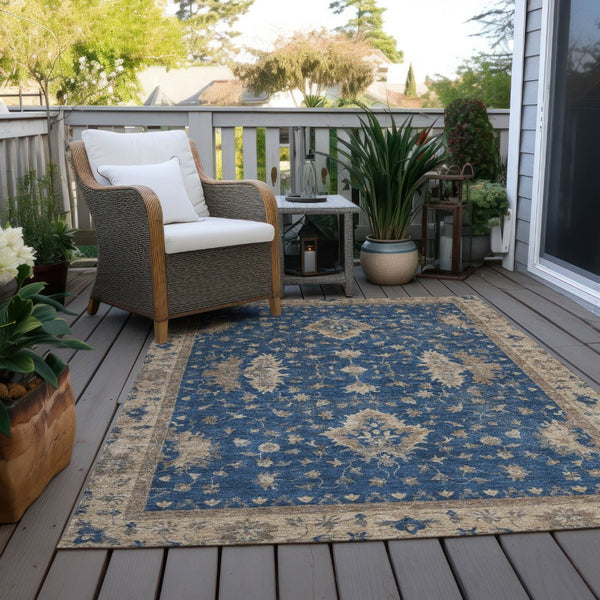 HomeRoots 5' Navy Blue and Beige Floral Area Rug – Washable, Durable Indoor/Outdoor Charm for Any Space 619416
