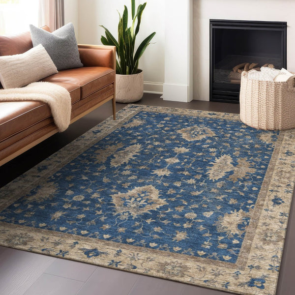 HomeRoots 5' Navy Blue and Beige Floral Area Rug – Washable, Durable Indoor/Outdoor Charm for Any Space 619416