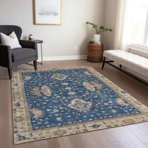 HomeRoots 5' Navy Blue and Beige Floral Area Rug – Washable, Durable Indoor/Outdoor Charm for Any Space 619416