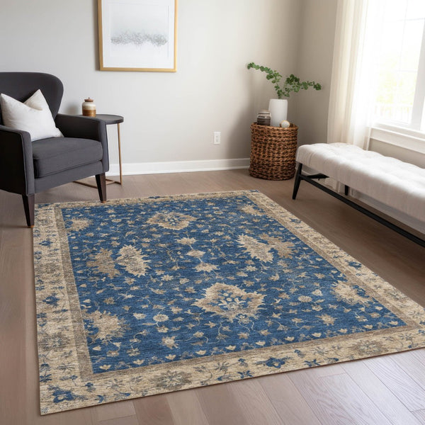 HomeRoots 5' Navy Blue and Beige Floral Area Rug – Washable, Durable Indoor/Outdoor Charm for Any Space 619416