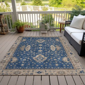 HomeRoots 5' Navy Blue and Beige Floral Area Rug – Washable, Durable Indoor/Outdoor Charm for Any Space 619416
