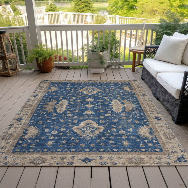 HomeRoots 5' Navy Blue and Beige Floral Area Rug – Washable, Durable Indoor/Outdoor Charm for Any Space 619416