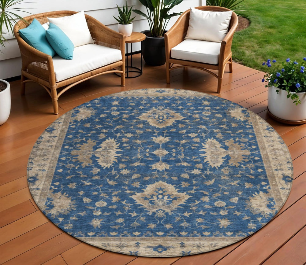 HomeRoots 8' Navy Blue & Beige Round Floral Washable Area Rug - Durable, Stylish, Indoor/Outdoor Charm! 619417