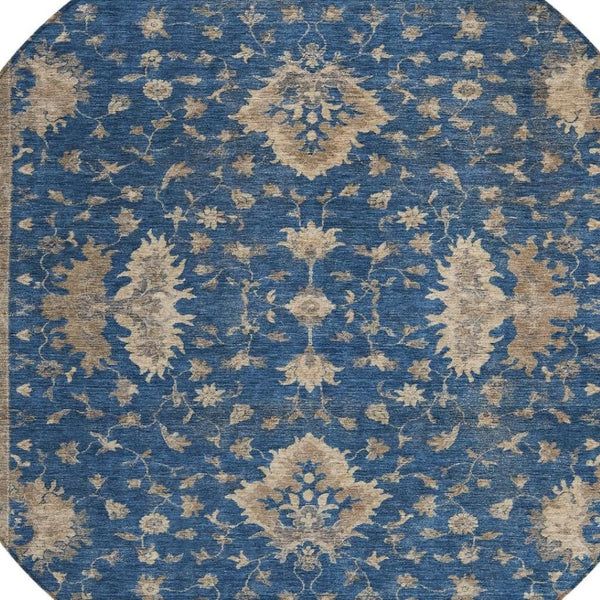 HomeRoots 8' Navy Blue & Beige Round Floral Washable Area Rug - Durable, Stylish, Indoor/Outdoor Charm! 619417