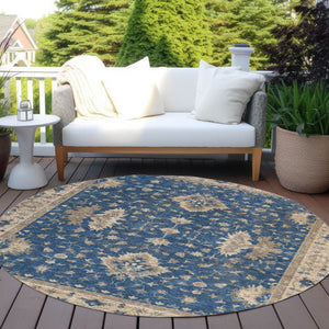 HomeRoots 8' Navy Blue & Beige Round Floral Washable Area Rug - Durable, Stylish, Indoor/Outdoor Charm! 619417