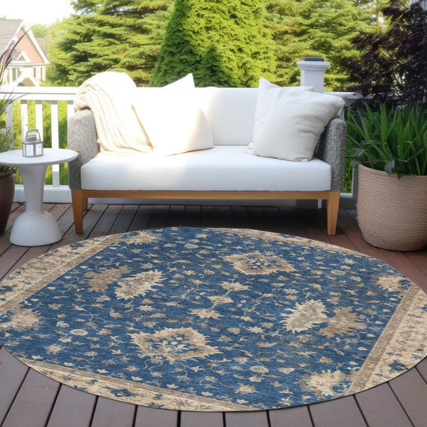 HomeRoots 8' Navy Blue & Beige Round Floral Washable Area Rug - Durable, Stylish, Indoor/Outdoor Charm! 619417