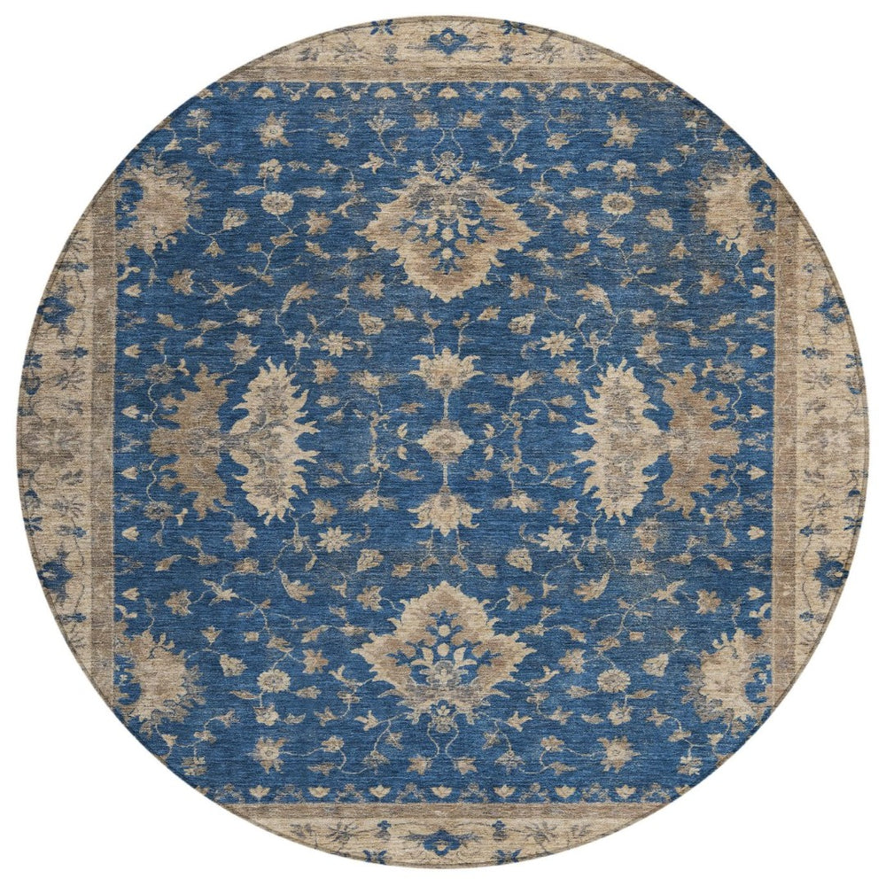 HomeRoots 8' Navy Blue & Beige Round Floral Washable Area Rug - Durable, Stylish, Indoor/Outdoor Charm! 619417
