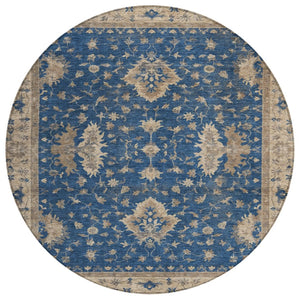 HomeRoots 8' Navy Blue & Beige Round Floral Washable Area Rug - Durable, Stylish, Indoor/Outdoor Charm! 619417