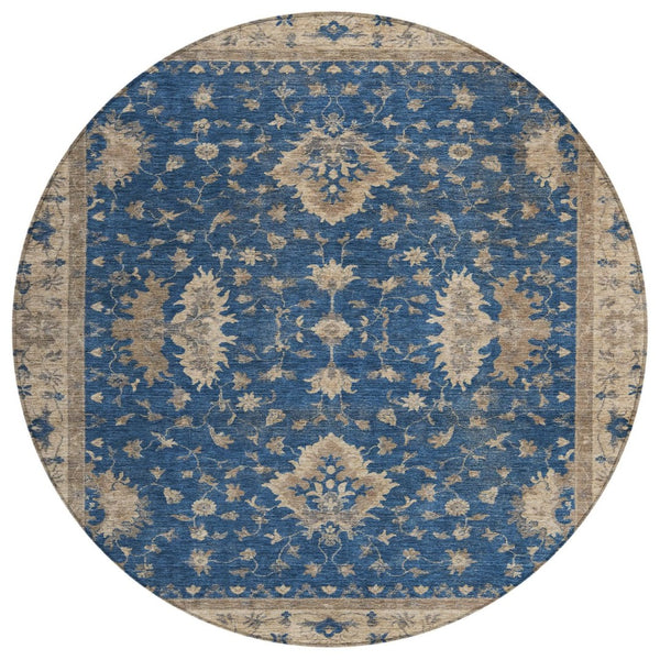 HomeRoots 8' Navy Blue & Beige Round Floral Washable Area Rug - Durable, Stylish, Indoor/Outdoor Charm! 619417