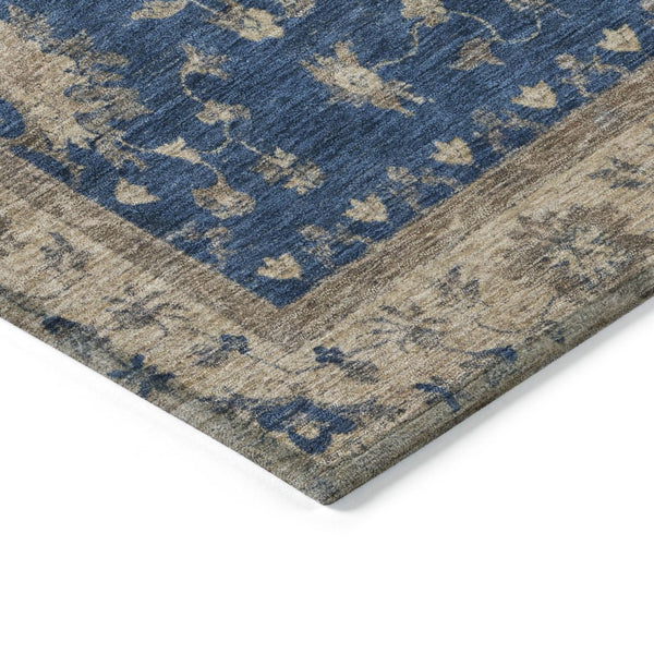 HomeRoots 8' Navy Blue & Beige Round Floral Washable Area Rug - Durable, Stylish, Indoor/Outdoor Charm! 619417