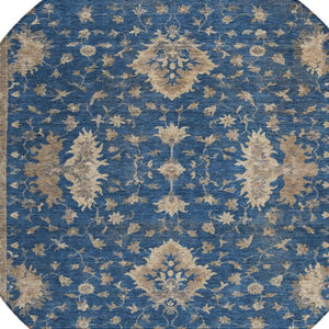HomeRoots 8' Navy Blue & Beige Round Floral Washable Area Rug - Durable, Stylish, Indoor/Outdoor Charm! 619417