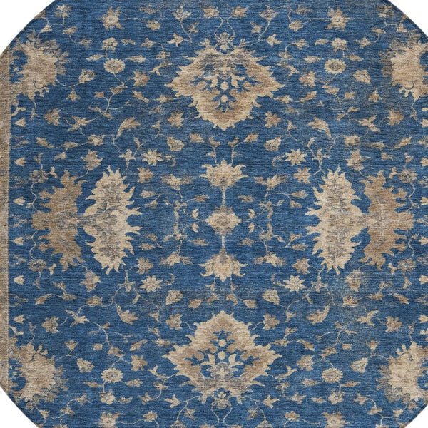 HomeRoots 8' Navy Blue & Beige Round Floral Washable Area Rug - Durable, Stylish, Indoor/Outdoor Charm! 619417