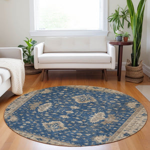 HomeRoots 8' Navy Blue & Beige Round Floral Washable Area Rug - Durable, Stylish, Indoor/Outdoor Charm! 619417