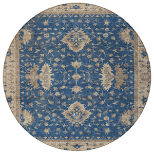 HomeRoots 8' Navy Blue & Beige Round Floral Washable Area Rug - Durable, Stylish, Indoor/Outdoor Charm! 619417
