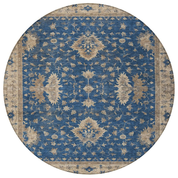 HomeRoots 8' Navy Blue & Beige Round Floral Washable Area Rug - Durable, Stylish, Indoor/Outdoor Charm! 619417