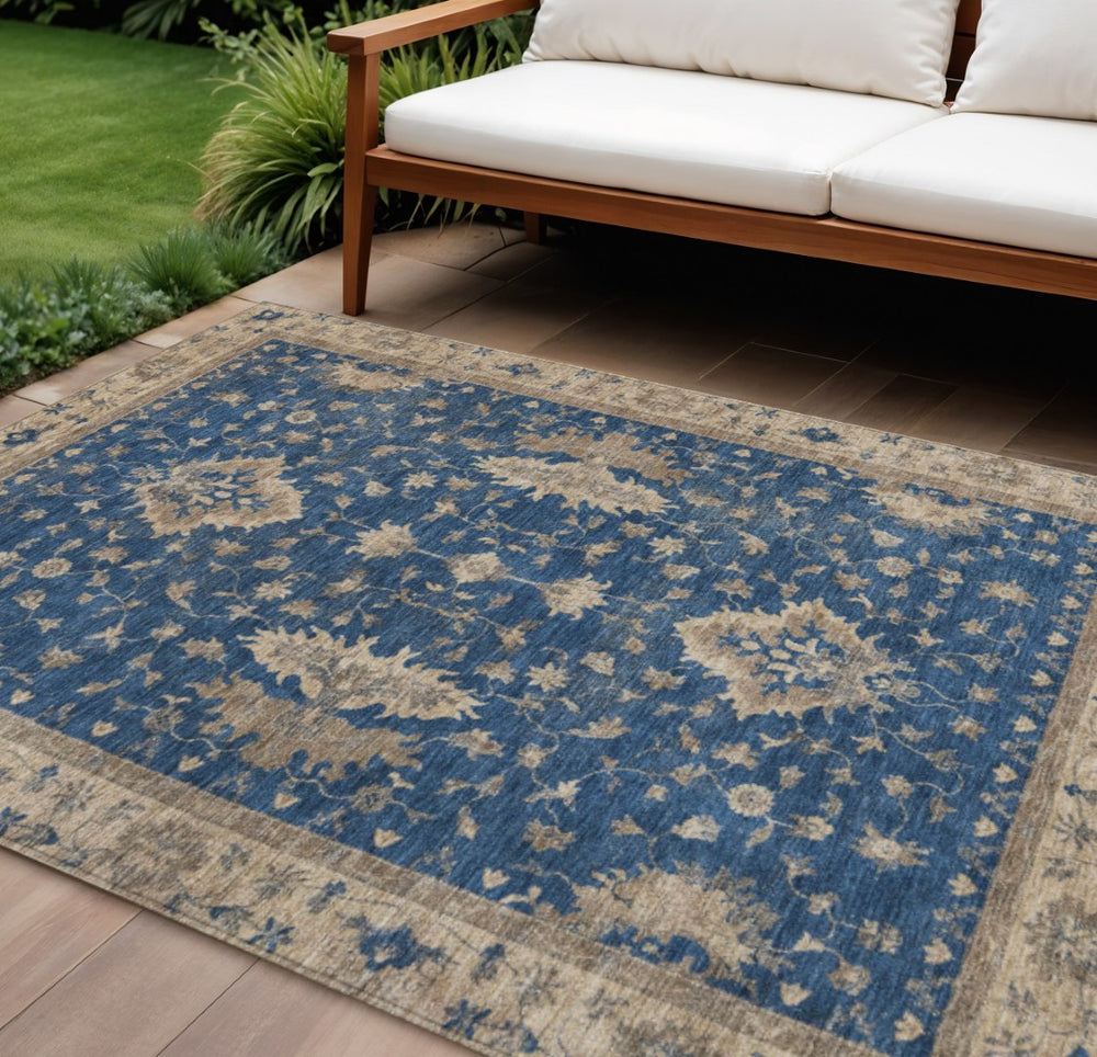 HomeRoots 10' Navy Blue & Beige Floral Area Rug - Washable, Durable for Indoor & Outdoor Spaces, Stylish Design 619420