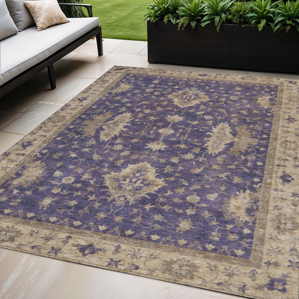 HomeRoots 5' Floral Area Rug in Purple & Beige - Durable, Washable, Indoor/Outdoor Design for Any Space 619422