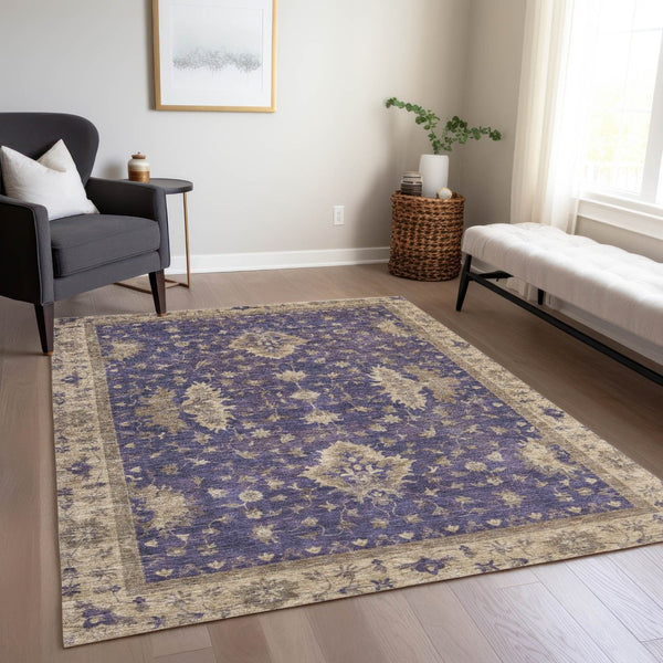 HomeRoots 5' Floral Area Rug in Purple & Beige - Durable, Washable, Indoor/Outdoor Design for Any Space 619422