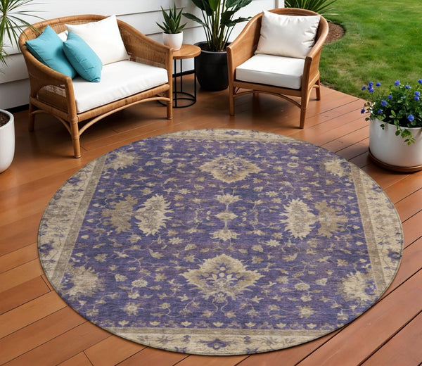 HomeRoots 8' Purple And Beige Round Floral Area Rug - Stylish, Washable, Durable for Indoor & Outdoor Use! 619423