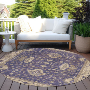 HomeRoots 8' Purple And Beige Round Floral Area Rug - Stylish, Washable, Durable for Indoor & Outdoor Use! 619423