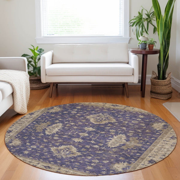 HomeRoots 8' Purple And Beige Round Floral Area Rug - Stylish, Washable, Durable for Indoor & Outdoor Use! 619423