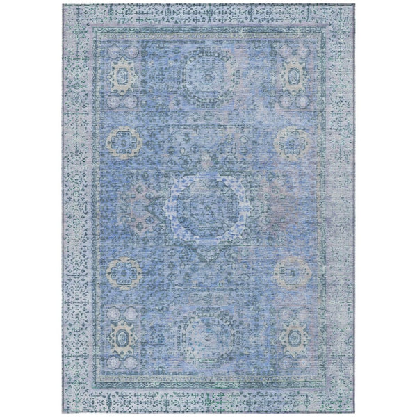 HomeRoots 5' Elegant Blue & Ivory Floral Medallion Area Rug - Washable, Durable for Indoor & Outdoor Use! 619446