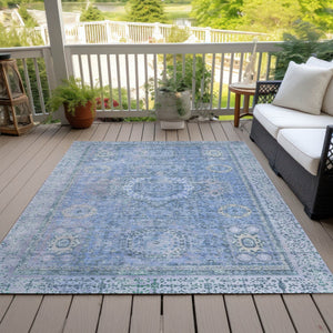 HomeRoots 5' Elegant Blue & Ivory Floral Medallion Area Rug - Washable, Durable for Indoor & Outdoor Use! 619446