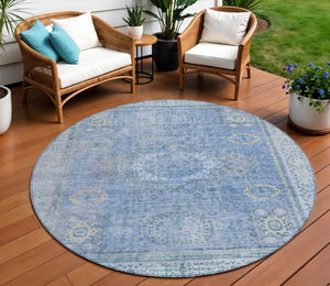HomeRoots 8' Blue Floral Medallion Round Area Rug - Washable, Stain-Resistant for Indoor & Outdoor Use 619447