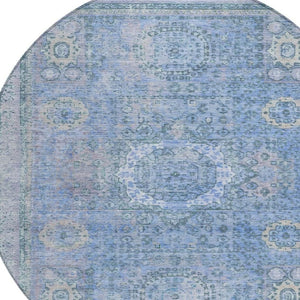 HomeRoots 8' Blue Floral Medallion Round Area Rug - Washable, Stain-Resistant for Indoor & Outdoor Use 619447