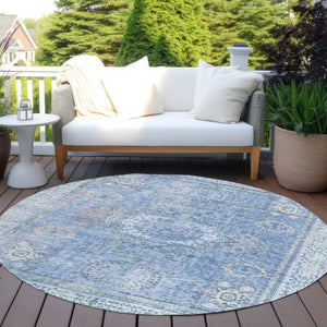 HomeRoots 8' Blue Floral Medallion Round Area Rug - Washable, Stain-Resistant for Indoor & Outdoor Use 619447