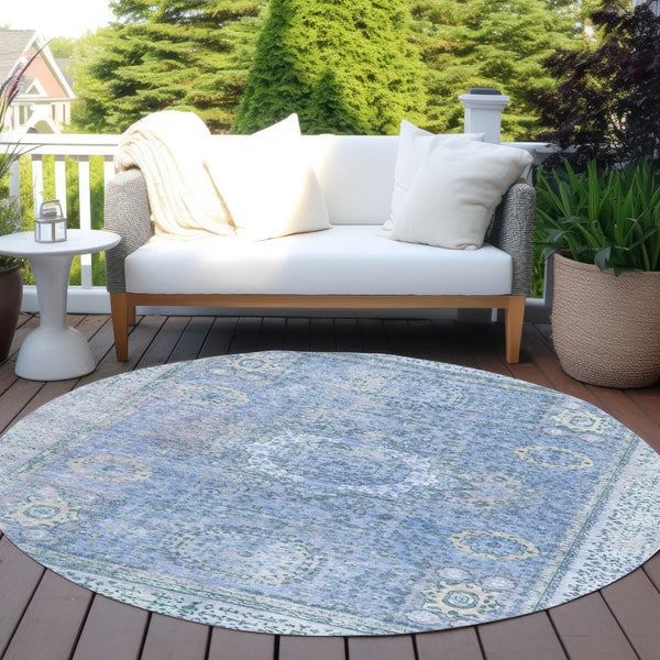 HomeRoots 8' Blue Floral Medallion Round Area Rug - Washable, Stain-Resistant for Indoor & Outdoor Use 619447