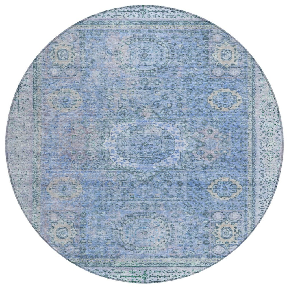 HomeRoots 8' Blue Floral Medallion Round Area Rug - Washable, Stain-Resistant for Indoor & Outdoor Use 619447