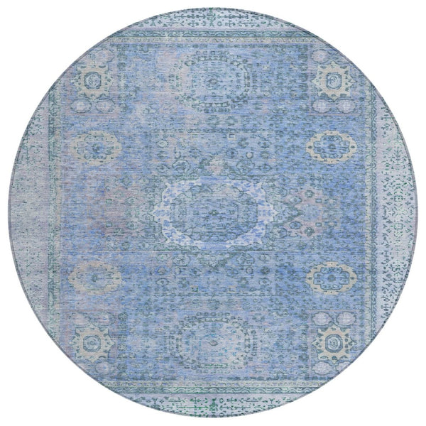 HomeRoots 8' Blue Floral Medallion Round Area Rug - Washable, Stain-Resistant for Indoor & Outdoor Use 619447