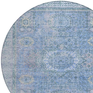 HomeRoots 8' Blue Floral Medallion Round Area Rug - Washable, Stain-Resistant for Indoor & Outdoor Use 619447