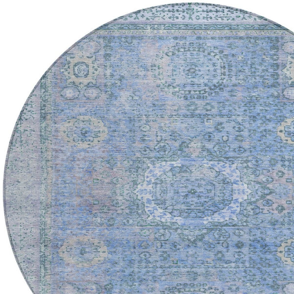 HomeRoots 8' Blue Floral Medallion Round Area Rug - Washable, Stain-Resistant for Indoor & Outdoor Use 619447