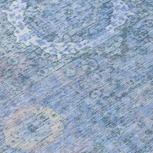 HomeRoots 8' Blue Floral Medallion Round Area Rug - Washable, Stain-Resistant for Indoor & Outdoor Use 619447