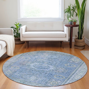 HomeRoots 8' Blue Floral Medallion Round Area Rug - Washable, Stain-Resistant for Indoor & Outdoor Use 619447