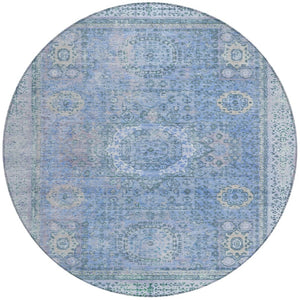 HomeRoots 8' Blue Floral Medallion Round Area Rug - Washable, Stain-Resistant for Indoor & Outdoor Use 619447