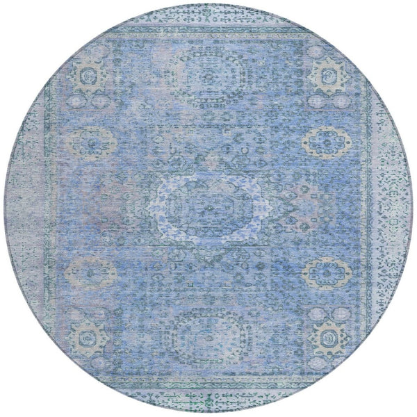 HomeRoots 8' Blue Floral Medallion Round Area Rug - Washable, Stain-Resistant for Indoor & Outdoor Use 619447