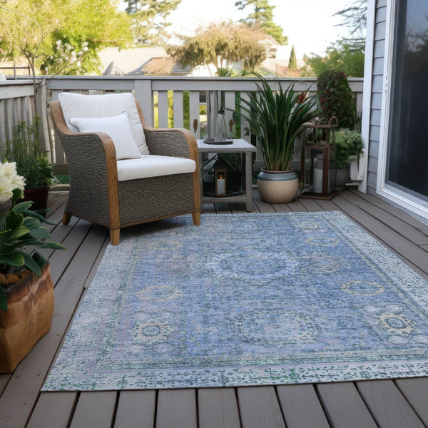 HomeRoots 10' Blue & Ivory Floral Medallion Area Rug - Washable, Versatile for Indoor/Outdoor Spaces, Durable! 619450
