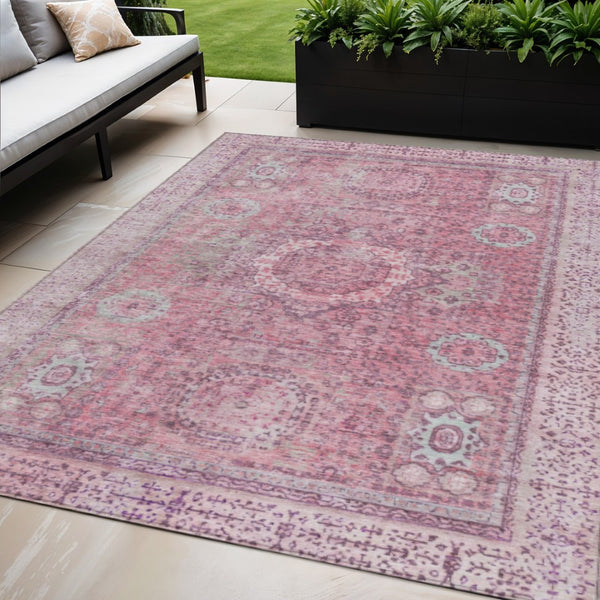 HomeRoots 5' Pink and Blush Floral Medallion Area Rug - Washable, Durable, Indoor/Outdoor, Elegant Design 619464