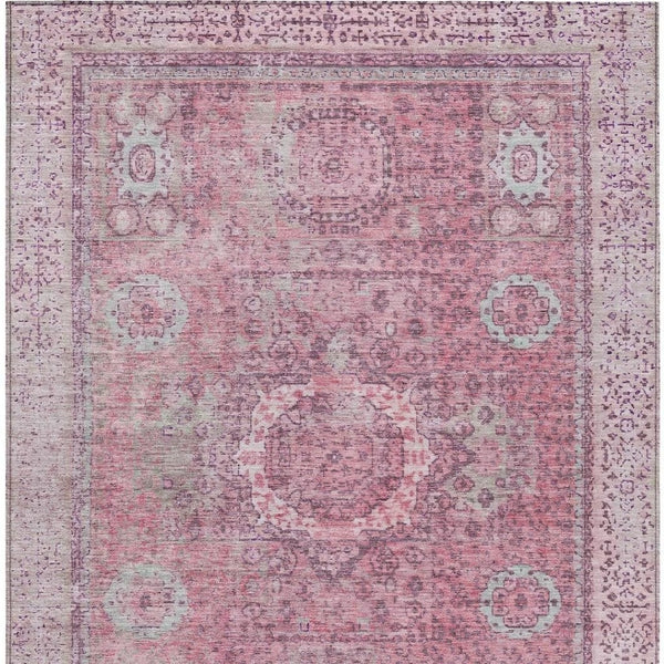 HomeRoots 5' Pink and Blush Floral Medallion Area Rug - Washable, Durable, Indoor/Outdoor, Elegant Design 619464