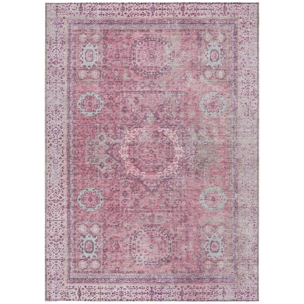 HomeRoots 5' Pink and Blush Floral Medallion Area Rug - Washable, Durable, Indoor/Outdoor, Elegant Design 619464
